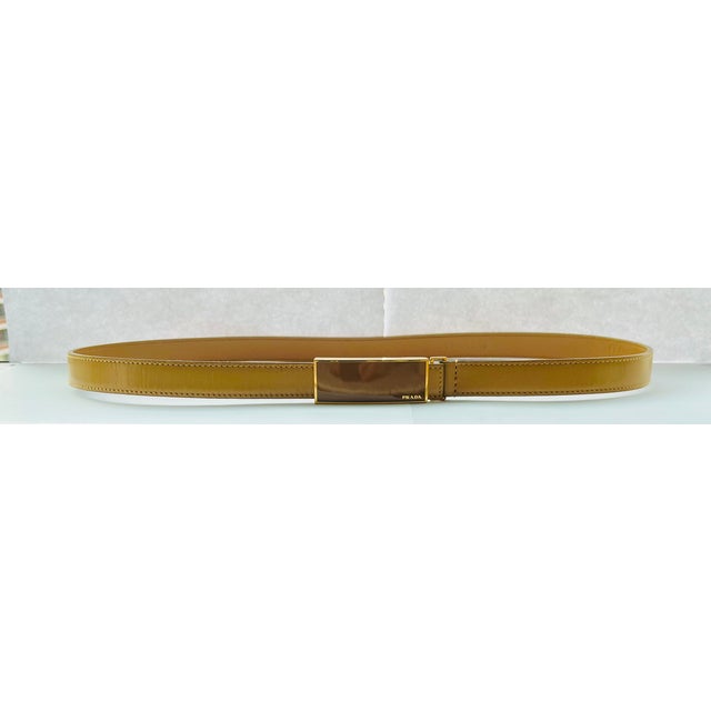 Prada Vintage Prada Leather Belt, Mustard/Gold/Tan, Adjustable Gold & Brown Enamel Buckle, Made in Italy For Sale - Image 4 of 12