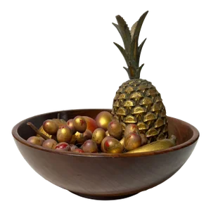 20th Century Vintage Gold Gilt Hand Carved Wood Fruits in Bowl- 10 Pieces