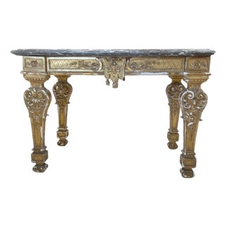 18th Century French Regence Antique Gilded Console Center Table With Conforming Grey Marble Top For Sale
