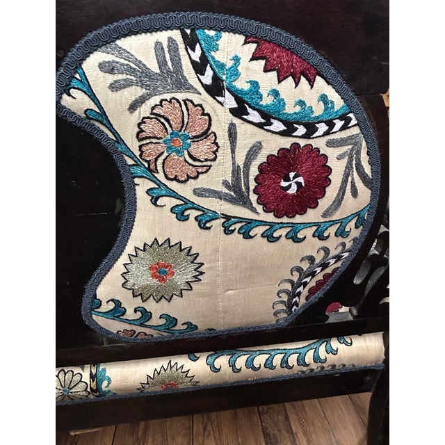 Antique Victorian Style Carved Mahogany Loveseat With Suzani Textile Upholstery For Sale - Image 9 of 18