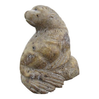 Canadian Inuit Carved Mottled Soapstone Seal Figurine Sculpture Signed For Sale