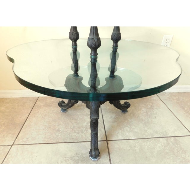 Metal Antique Ornate Clover Shaped Cast Iron & Thick Glass Side/End Accent Table For Sale - Image 7 of 13