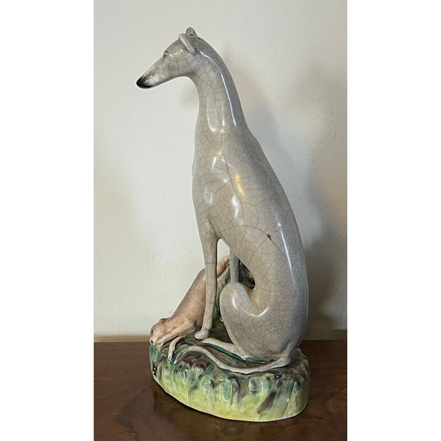 Very Large Antique 19th Century English Staffordshire Pottery Dog Figure of a Greyhound or Whippet and Hare or Rabbit For Sale - Image 12 of 16