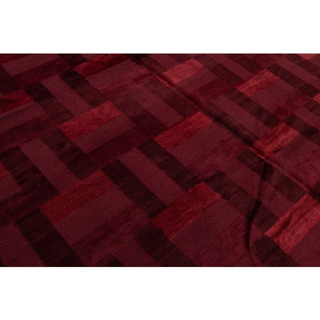 Modern Tibetan Hand-Knotted Wool and Silk Rug in Burgundy Basketweave Pattern For Sale - Image 9 of 10