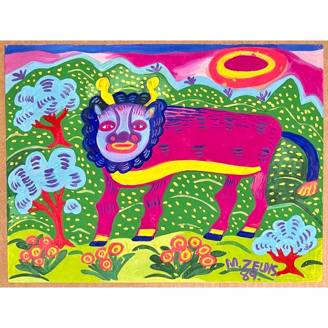 Paper Malcah Zeldis, Malcah Zeldis Folk Art Gouache Painting Mod Bull Jewish Woman Outsider Artist, 1989 For Sale - Image 7 of 10