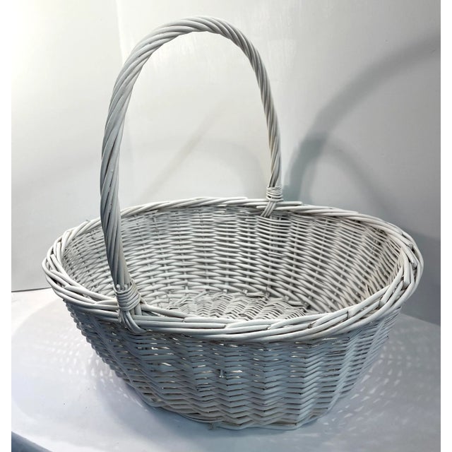 Wood Vintage Large White Wicker Basket With Handle For Sale - Image 7 of 7