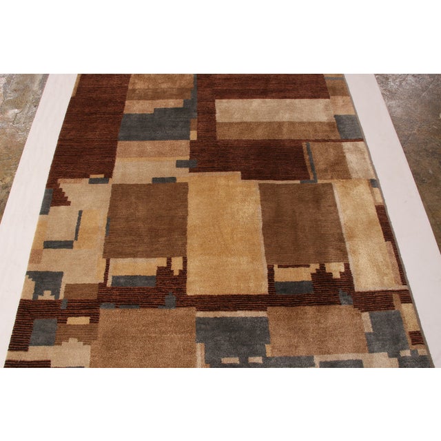 Art Deco Hand-Knotted Art Deco Rug Beige Brown Blue Cubist Pattern by Rug & Kilim For Sale - Image 3 of 9