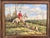 A charming vintage oil painting depicting a classic fox hunt scene, featuring a mounted rider in traditional red hunt...