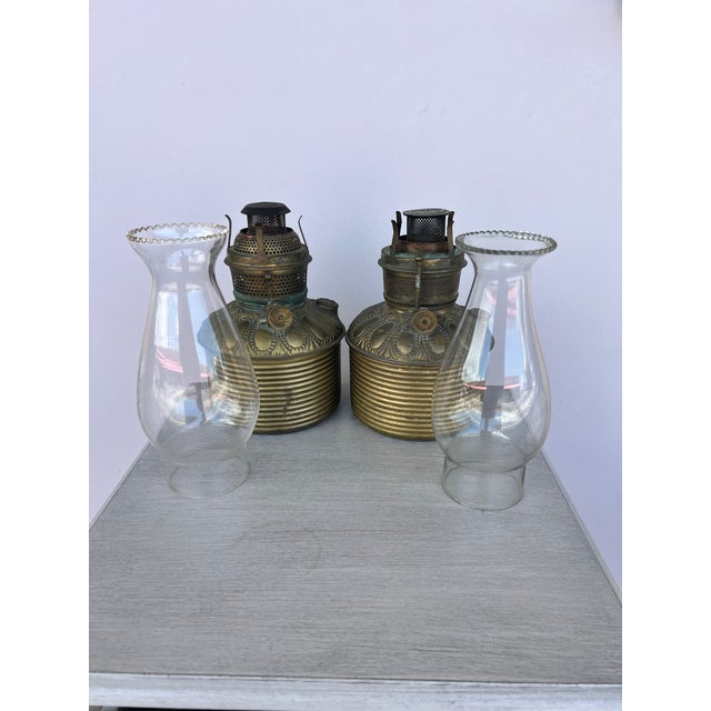 Mid 19th Century Antique Brass and Glass Chimney Oil Lamps - 2 For Sale - Image 5 of 9