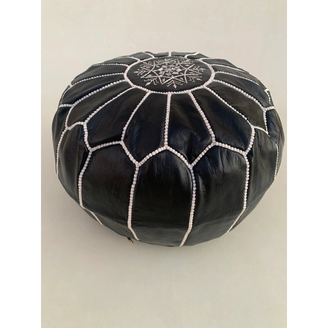 Black Moroccan Leather Pouf Cover For Sale - Image 9 of 9