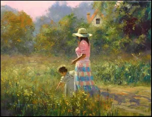 Robert Hagan "Picking Flowers" Original Mother and Child Oil Painting on Canvas Hand Signed Unframed