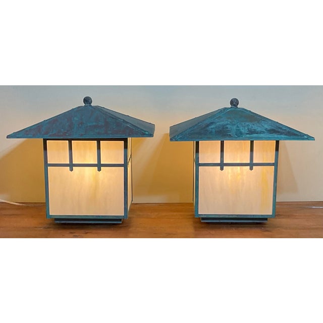 Mission Stunning Pair of Artisan Copper & Slag Glass Mission/Arts & Crafts Table Lamps For Sale - Image 3 of 18