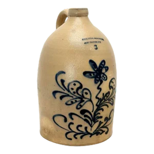 Outstanding Large 3 Gallon American Stoneware Jug With Fancy Blue Hand Decorated Flower Design - Circa 1870s