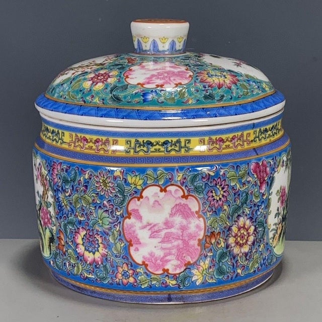 Chinese Chinese Blue Ground Famille Rose Porcelain Covered Jar With Bird & Floral Motif For Sale - Image 3 of 9