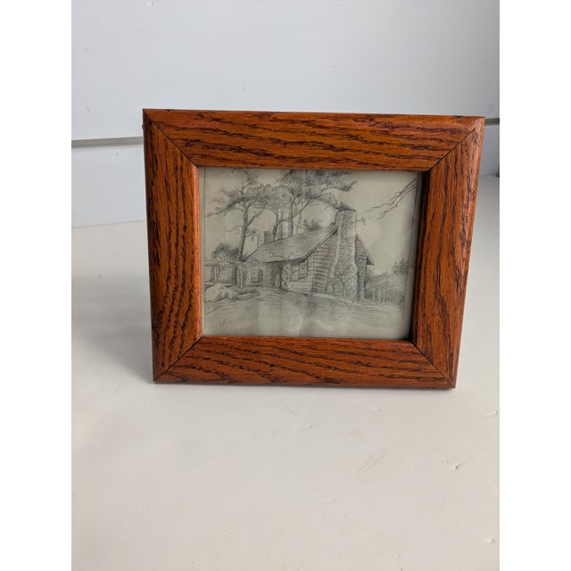 Title: 1920s Framed Artist Pencil Drawing – House Scene in Brown Wood Frame (7.5” x 6.5”) Description: Artwork: Original...