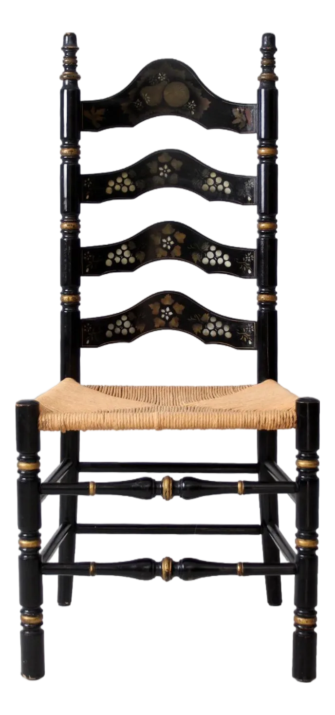 Vintage Hitchcock Style Ladder Back Chair With Rush Seat | Chairish