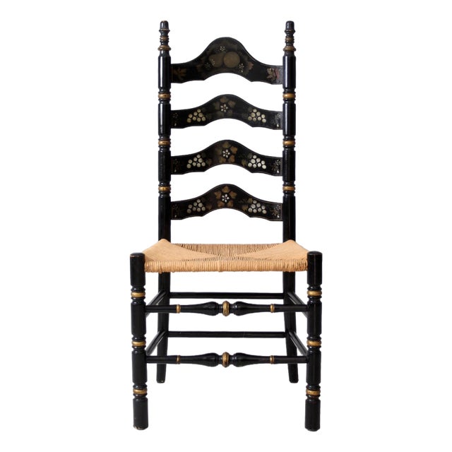 Vintage Hitchcock Style Ladder Back Chair With Rush Seat For Sale