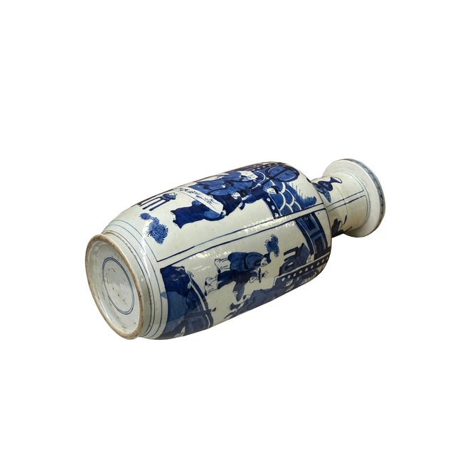 Oriental Blue White People House Gathering Graphic Porcelain Art Vase For Sale - Image 9 of 11