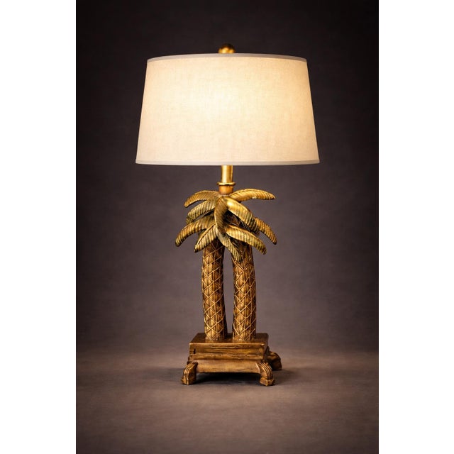 Late 20th Century Petite Tropical Palm Tree & Pineapple Table Lamps With Linen Drum Shades – Hollywood Regency Coastal Style, 16” H - a Pair For Sale In Los Angeles - Image 6 of 10