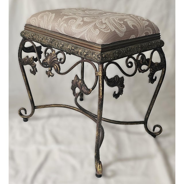 Vintage Bronze Scrollwork Vanity Bench With Cream Jacquard Upholstery For Sale - Image 9 of 18