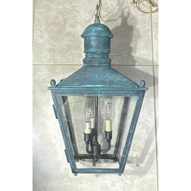Turquoise Vintage Solid Copper and Brass Hanging Lantern / 12”x 12”x 23” High For Sale - Image 8 of 17