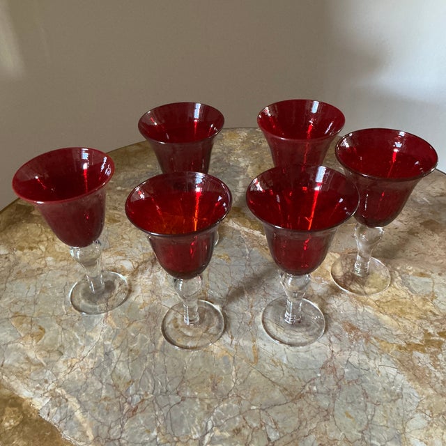 Hollywood Regency Vintage Ruby Red Glass Goblets - Set of Six For Sale - Image 3 of 9