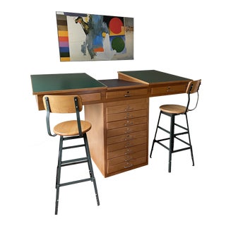 1960s Mid-Century Drafting Table with Stools - Set of 3 For Sale