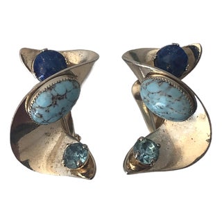 1980s Turquoise, Lapis and Blue Topaz Swirl Earrings, A Pair For Sale