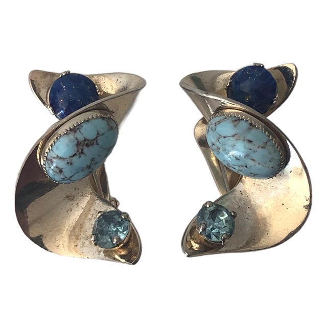 1980s Turquoise, Lapis and Blue Topaz Swirl Earrings, A Pair For Sale