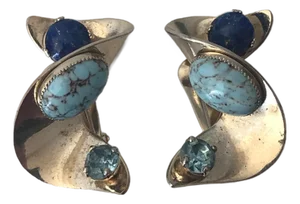 1980s Turquoise, Lapis and Blue Topaz Swirl Earrings, A Pair