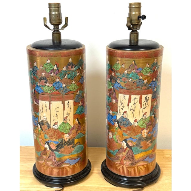 Pair of Meiji Period Japanese Kutani Porcelain "100 Poems" Vases, Now as Lamps For Sale - Image 9 of 12