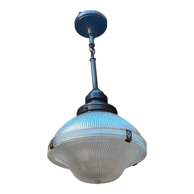 Holophane 4 Clip Glass Pendant on Brass Holder, Circa 1930 For Sale