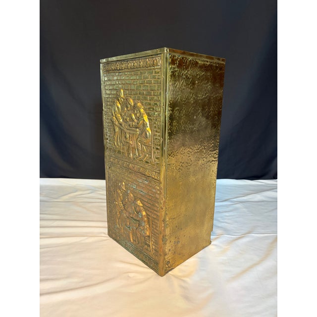 Victorian Late 19th Century English Repoussé Brass Umbrella Stand With Figural Tavern Scene Relief For Sale - Image 3 of 8