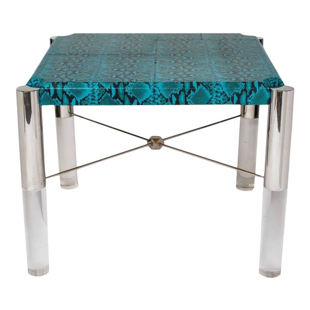 Turquoise Leather and Lucite Game Table For Sale - Image 12 of 12