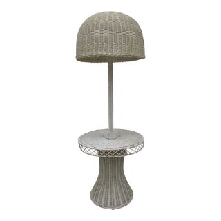 1970's White Wicker Rattan Floor Lamp With Table Base For Sale