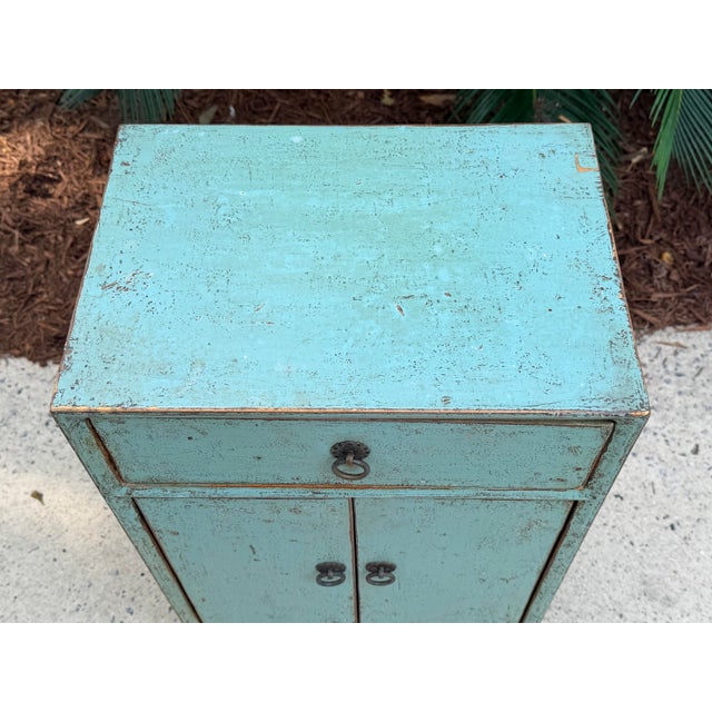 Late 20th Century Distressed Turquoise One Drawer Small End Table Nightstand Cabinet For Sale - Image 5 of 12
