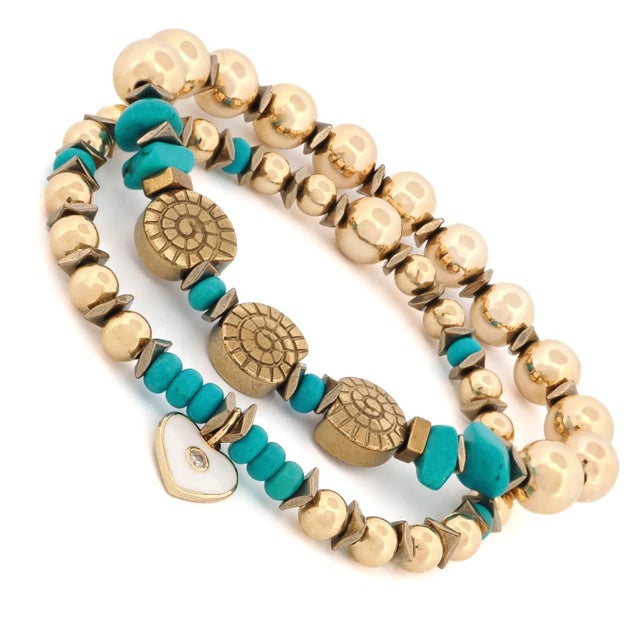 Modern Inner Peace Turquoise & Heart Charm Gold Bracelet Set For Sale - Image 3 of 8