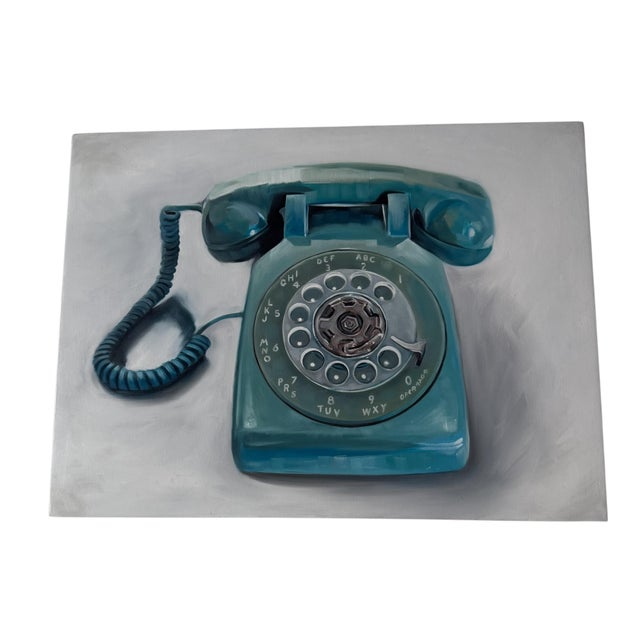 2010s Mid-Century Modern Turquoise Rotary Telephone Still Life Art Print Painting Phone Dial Telephone Oil Board Framed Signed For Sale - Image 5 of 18