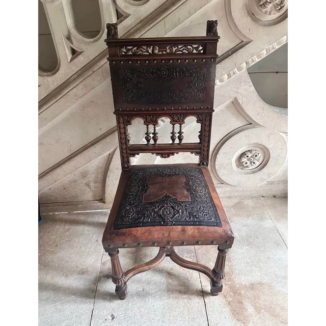 Gothic Antique French Henri I| Walnut & Leather Dining Chair, Lion Carvings, Loire Valley, 1880 For Sale - Image 3 of 9