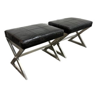 Four Hands Faux Crocodile Leather Ottomans, Pair For Sale
