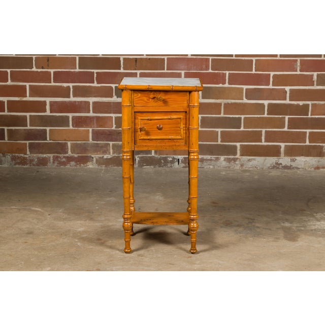 19th Century French 19th Century Pine Faux Bamboo Side Table with Marble Top, Door and Drawer For Sale - Image 5 of 12