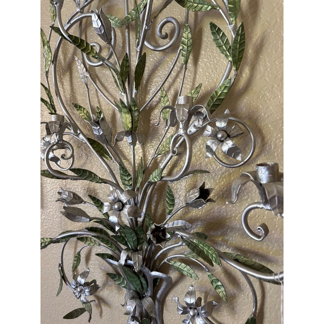 Transitional Florentine Style Romantic Metal Vine and Floral Wall 9 Candle Sconces (2) Pair For Sale - Image 3 of 6