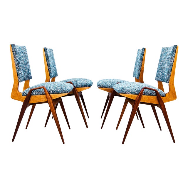 Maurice Pré Attributed Mid Century Modern Oak & Mahogany Dining Chairs, France 1950s For Sale
