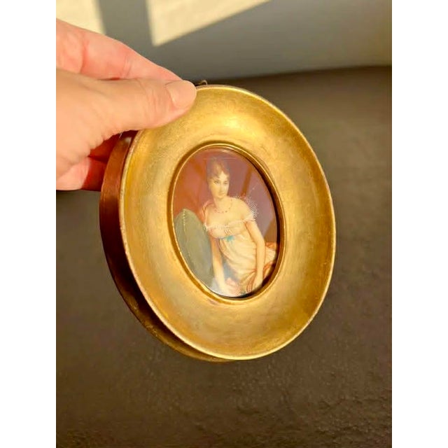 Antique/ Vintage Miniature Italian Signed Hand Painted Portrait, Lady in Nightgown With Gilded Wooden Frame For Sale - Image 4 of 15