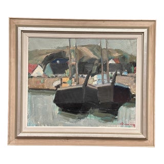 Carl Berndtsson, Fishing Boats in the Harbour, 1950s, Oil on Canvas, Framed For Sale