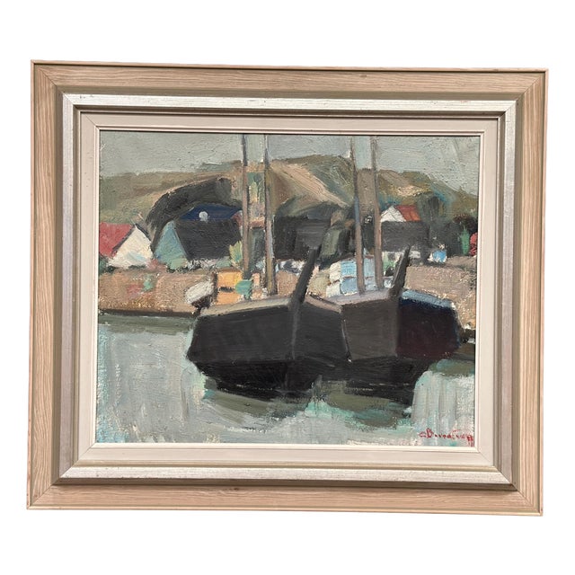 Carl Berndtsson, Fishing Boats in the Harbour, 1950s, Oil on Canvas, Framed For Sale