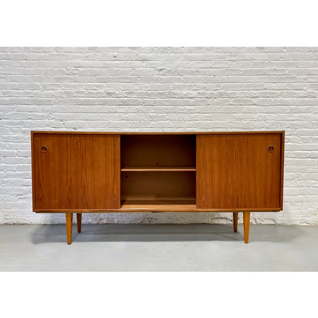 Long Mid Century Modern Teak Credenza | Danish Sliding Door Sideboard, C. 1960's For Sale - Image 4 of 15
