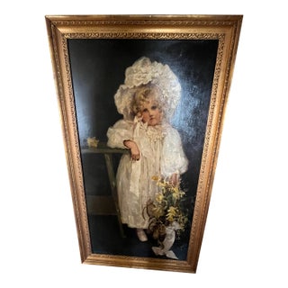 Large Antique Oil Portrait of Young Girl in White Bonnet | Gilt Frame - Signed Unknown Artist For Sale