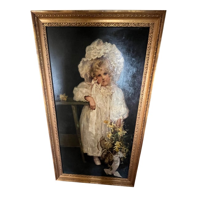 Large Antique Oil Portrait of Young Girl in White Bonnet | Gilt Frame - Signed Unknown Artist For Sale