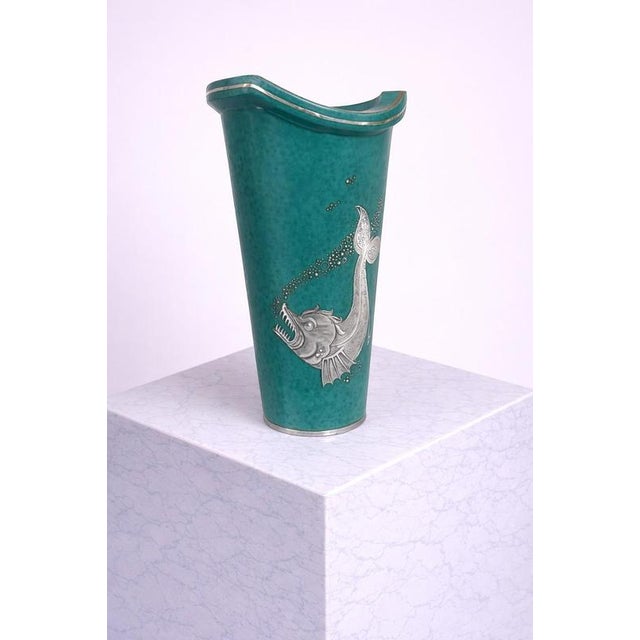 Ceramic Argenta Vase with Silver Fish by Wilhelm Kåge for Gustavsberg, Sweden, 1940s For Sale - Image 7 of 8